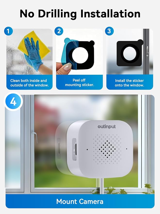 Outinput Window Camera, 2K 3MP WiFi Security Camera for Home Security, AI Color Night Vision, Motion Detection with Instant Alerts, 24/7 Recording, App Control, Works with Glass Window