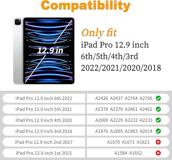 for iPad Pro 12.9 Case 6th/5th/4th/3rd Generation with 360° Rotating Stand & Pencil Holder, Heavy Duty Cute Cover for iPad Pro 12.9 inch 2022/2021/2020/2018, Black