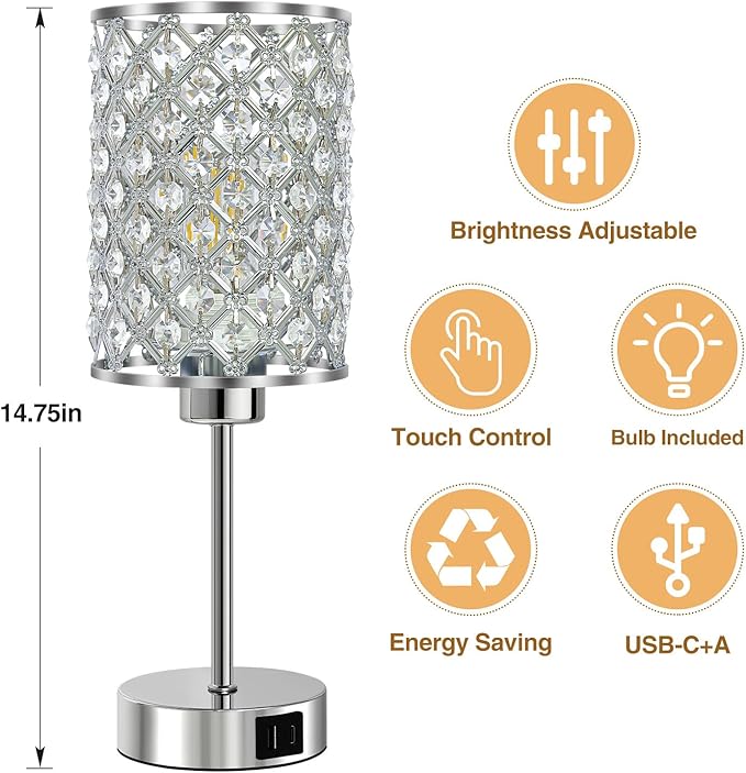 GyroVu Set of 2 Silver Crystal Touch Table Lamps for Bedroom, Dimmable Modern Bedside Lamps with USB-C & USB-A Ports, Nightstand Desk Lamps for Living Room & Home Office - Bulbs Included