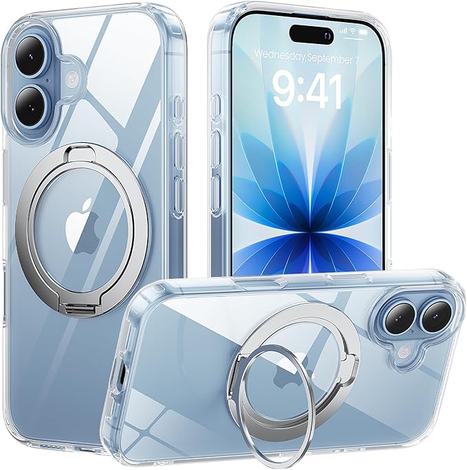 360°Ring Stand for iPhone 17 Case, Compatible with MagSafe,Suitable for Car Mount,Military-Grade Protective,Anti-Yellowing, Scratch-Resistant Back Cover Phone Case for iPhone 17 6.3", Clear Stand