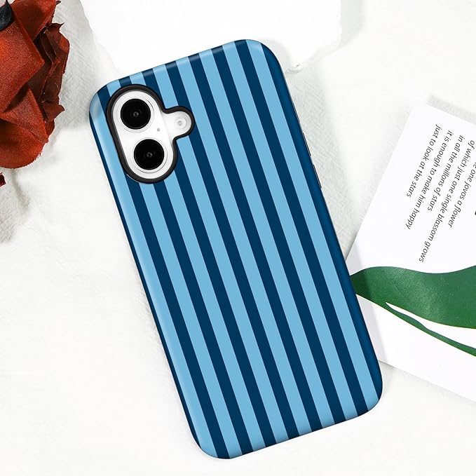 Magnetic for iPhone 16 Case Cute Stripes Phone Case, Shockproof Slim TPU and Hard PC Protective Phone Cover Compatible with MagSafe Designed for Women Girls, Lake Blue