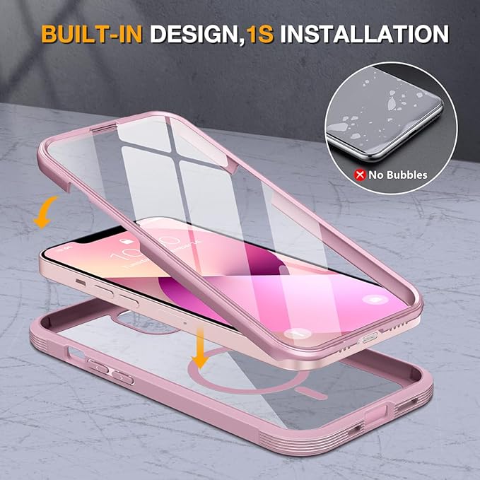 Miracase for iPhone 13 mini Case 5.4",Full-Body Protection,Clear Bumper Case with Built-in 9H Tempered Glass Screen Protector,Military-Grade Drop Protection Outdoor Phone Case for 13 mini,Dark Pink