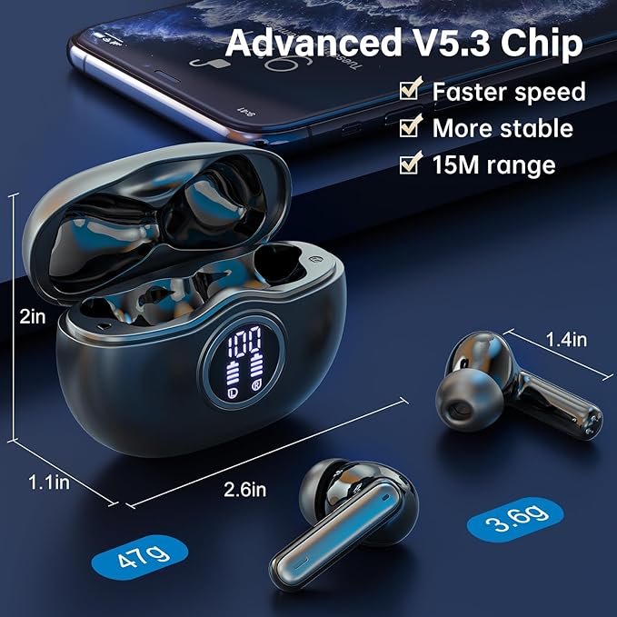 Wireless Earbuds, Bluetooth 5.3 Headphones HiFi Stereo 50H Playback LED Digital Display Ear Buds with ENC Noise Canceling Headset, IPX7 Waterproof Earphones for Gym/Running/Work (Black)