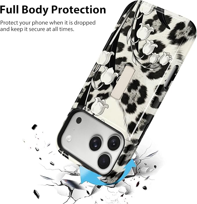 KANGHAR Compatible with iPhone 17 Pro Max Case, Support for MagSafe, Silicone Leopard Flower Cool Pattern, Wristband Kickstand Camera Protection Soft Slim Phone Case for Girls Women -Black
