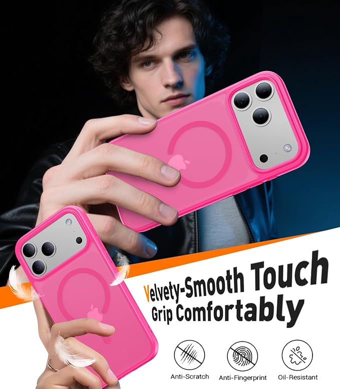 Magnetic for iPhone 17 Pro Case,[Anti-Slip][Compatible with MagSafe][Military Grade Drop Protection] Shockproof Protective Translucent Matte Phone Case for iPhone 17 Pro Case,Hot Pink