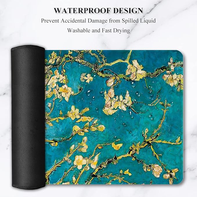Auhoahsil Desk Pad, XXL Large Mouse Pad, Extended Gaming Mousepad, Cute Desk Mat for Women, Big Office Accessories Mouse Pad for Computer Keyboard and Laptop, 35.6" x 15.7", Teal Van Gogh Almond Tree