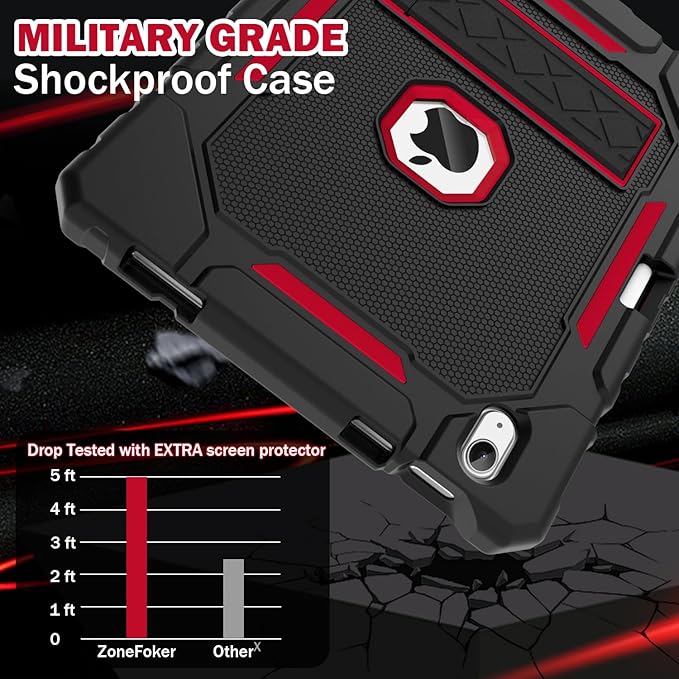 ZoneFoker Case for iPad (A16) 11th/10th Generation 11/10.9 inch 2025/2022, Heavy Duty Military Grade Shockproof Rugged Cover with Pencil Holder/Stand for i Pad 11th / 10 th Gen (Black+Red)