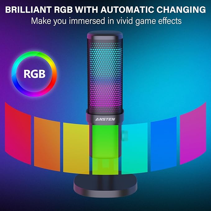 ANSTEN Gaming Mic, USB Condenser Microphone for PC/PS4/PS5/ Mac, RGB, Mute Touch, Pop Filter, Gain Knob, Monitoring for Streaming Podcast