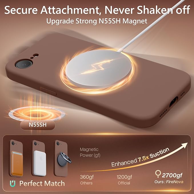 FireNova Magnetic for iPhone 17e Case/iPhone 16e Case, Compatible with MagSafe, [Silicone Camera Protection] Microfiber Lining Phone Case, 6.1", Light Brown