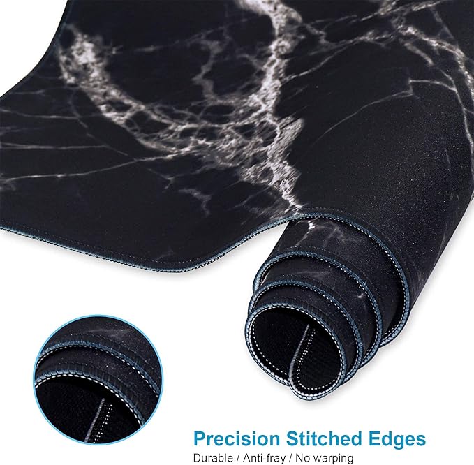 XXL Waterproof Office Desk Pad Protector 35.4x15.7 Inch - Extended Gaming Mouse Pad with Non-Slip Rubber Base, Thickened Keyboard Mat, Stitched Edges & Black White Marble Design