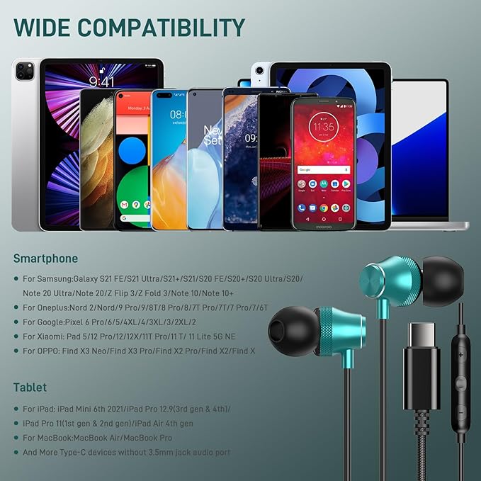 USB C Wired Earbuds for Google/Pixel 10 10a 9 8 8A 7 7A 6A for iPhone 17 17e Air 16 Pro Max 16e 15 Plus Corded Headphones for Apple/Android Type C Earphones for Samsung/Galaxy S26 S25 S24 Ultra Green