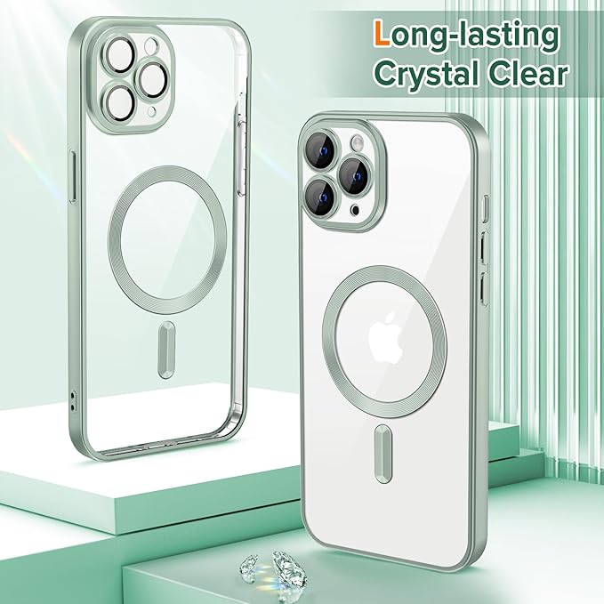 Hython Magnetic Clear for iPhone 11 Pro Case with Camera Lens Protector [Compatible with MagSafe] Luxury Plating Edge Slim Soft TPU Cover Protective Phone Case for iPhone 11 Pro 5.8", Matte Mint