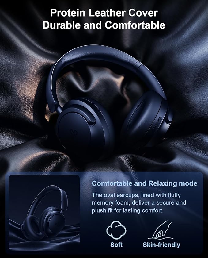 Hybrid Active Noise Cancelling Headphones, Over-Ear Bluetooth Headphone with Hi-Res Audio, 60H Playtime, Deep Bass, Transparency Mode, Foldable Comfort Ear Cups, Ideal gift for Travel Office - Navy
