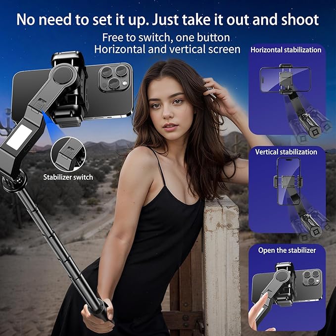 Smartphone Gimbal Stabilizer, 360° Rotation Single Axis Stabilizer with Light Remote Control for iPhone Andriod, 4 in 1 Selfie Stick Tripod for Vlog Live Broadcast TIK Tok YouTube Vlogging