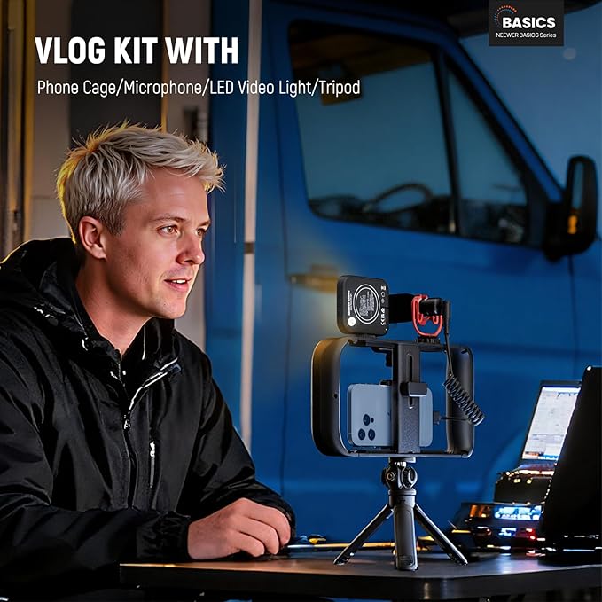 NEEWER Basics Vlogging Kit with Phone Cage Rig Microphone LED Fill Light Tripod Compatible with iPhone, Youtuber Starter Content Creator Essential for YouTube TikTok Streaming Video Recording, PA055