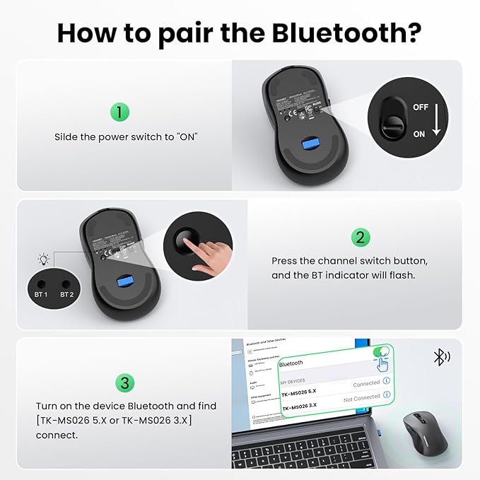 TECKNET Rechargeable Bluetooth Mouse, [ USB + BT5.0 + BT3.0 ] Wireless Mouse, Ergonomic Design, Silent Click, 6-Level 4800 DPI Wireless Mice, 3-Device Switching for Laptop, Computer, MacBook（Grey）