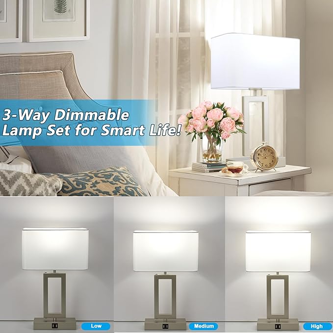 BrightWe Table Lamp Set of 2 Lamps for Bedroom, Touch Control Table Lamps with 2 USB Ports, 3-Way Dimmable Bedside Nightstand Lamps, Silver&White Lamp for End Table Living Room Modern
