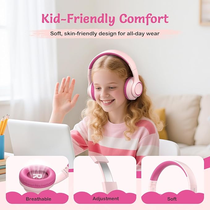 TONOSHARK Kids Bluetooth Headphones with Active Noise Cancelling, Wireless Over-Ear Headphones for Boys Girls, Foldable, Adjustable, 40H Playtime, Mic for School Travel(Pink)