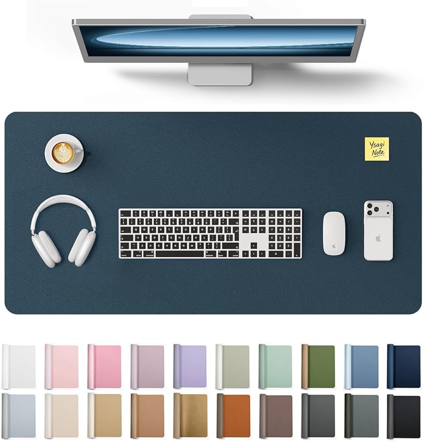 YSAGi Leather Desk Protector, Office Mat, Large Mouse Mat, Non-Slip PU Leather Blotter, Laptop Pad, Waterproof Writing Pad for Office and Home (Dark Blue, 35.4" x 17")