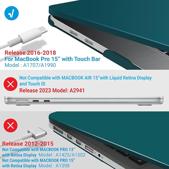 IBENZER Compatible with MacBook Pro 15 Inch Case 2019 2018 2017 2016 A1990 A1707, Hard Shell Case with Keyboard Cover & Type C Adapter for Mac Pro 15 Touch Bar, Quetzal Green, T15-QUGN+1TC