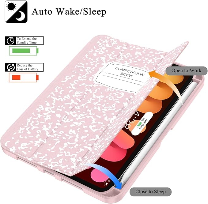 Soke Case for iPad mini 7(A17 Pro) 2024/iPad Mini 6 2021 8.3 inch with Pencil Holder-[Pencil Charging + Auto Wake/Sleep], Soft TPU Back Cover for iPad mini 7th/6th Generation(Book Pink)