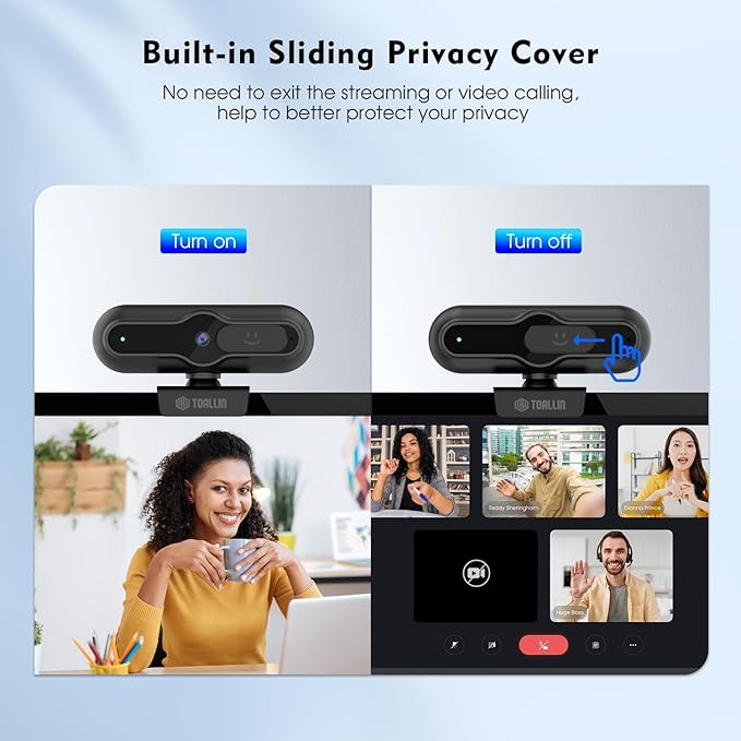 TOALLIN 4K Webcam for PC, Built-in Mic, 1080P@60FPS, PDAF Autofocus, 1/2.5" Sensor & 12MP, Sliding Privacy Cover, USB Web Camera for Streaming, Gaming, Conferencing and Video Calls