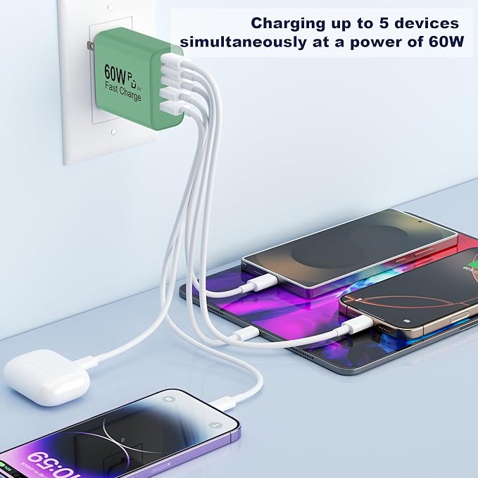 USB C Charger Block, 60W 5 in 1 Charging Blocks, PD 3.0 Fast Charger, QC 2A Green Wall Plug Multiport Type C Charging Block for iPhone 17 16 15 14 13 12 Pro Max, iPad, iPod, Samsung, AirPods Pro
