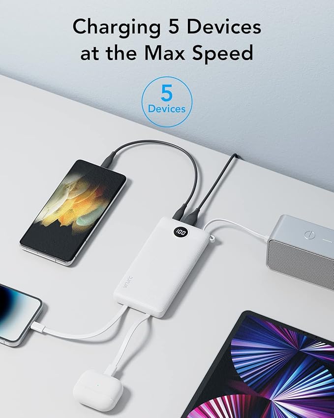 VRURC Portable Charger Built in Cables, Slim Power Bank 10000mAh, Multi Devices Charging Bank with Lanyard, USB C Battery Pack 5 Outputs for iPhone 17 Pro 17 16 15 14 13, Samsung Phones-White(1 Pack)