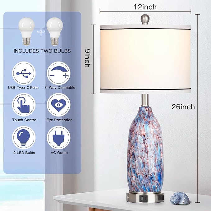 Rinweey 26" Coastal Glass Table Lamps Set of 2,Nautical lamp with USB A+C Ports & AC Outlet,Bule Bedside Lamps with 3-Way Dimmable Touch Control Night Light for Bedroom Living Room(Bulbs Included)