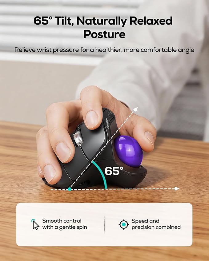 Nulea M514 Vertical Trackball Mouse, Ergonomic Wireless Thumb-Control Mouse with Quiet Clicks, 3 Device Connection (Bluetooth & USB Receiver), Rechargeable for PC/Mac/Laptop/Tablet.(Purple)
