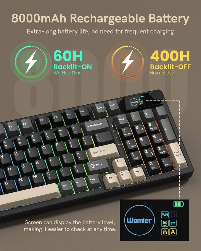 Keymatic M98 Wireless Mechanical Keyboard w/Screen & Knob, 96% Gaming Keyboard BT/2.4G/USB-C, Hot Swappable Custom Gaming Creamy Keyboard,with 8000mAh Battery