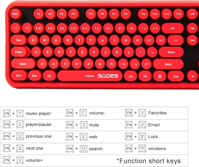 Red Wireless Keyboard and Mouse Combo, Retro Typewriter Style Round Key Keyboard with Bubble Keycaps, 2.4GHz Full Size with Number Pad, Cute Aesthetic Clicky Creamy Keyboard for PC Laptop Desktop