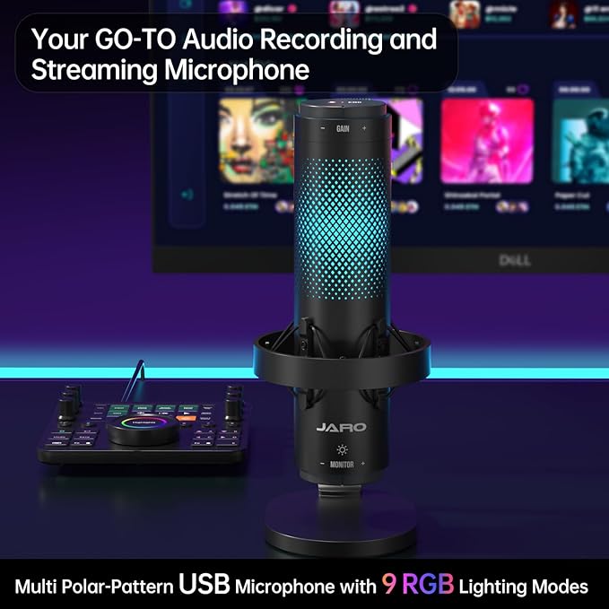 JARO USB Multi-Polar Pattern Condenser Microphone with Mute Noise Cancelation RGB for Podcasting Gaming Streaming YouTube Zoom AMSR Singing Recording [Compatible with PC Laptop Mac PS4/5], J101-CS