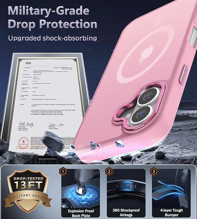 Newfuture Designed for iPhone 16 Case with Magnetic [13 FT Military Drop Protection] [Compatible with Magsafe] Slim Translucent Matte Shockproof with Anti-Fingerprint Phone Case, Chalk Pink