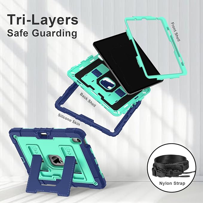 Kids Friendly Case for iPad Air 11 Inch M4 M3 M2 2026/2025/2024 Case with Pencil Holder & Shoulder Strap, Military Grade Shockproof Kickstand Hard Shell Protective Cover,Blue+Mint