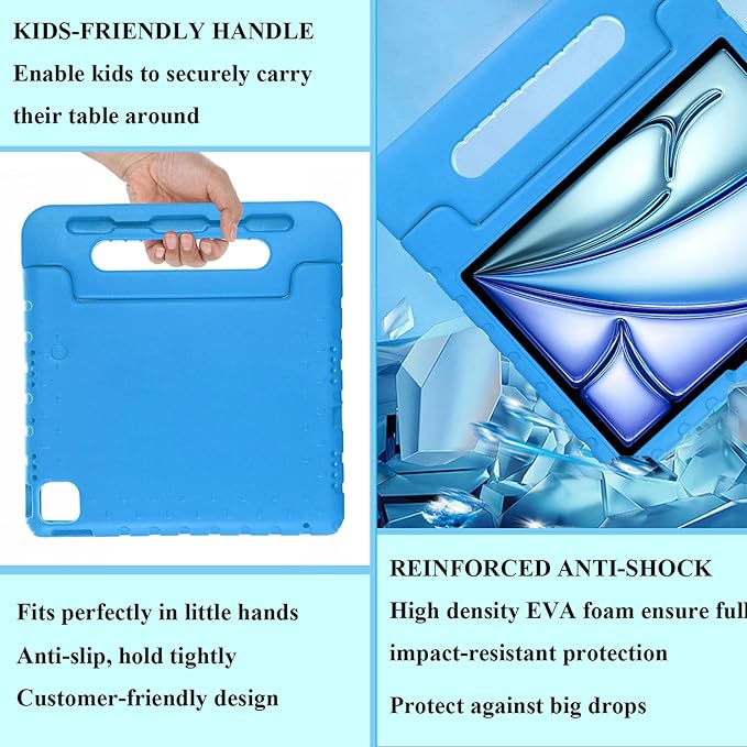 Kids Case for iPad Pro 11 inch M5/M4 (2025/2024) with Pencil Holder/Convertible Handle Stand Shockproof Slim Lightweight Cute Soft EVA Heavy Duty Rugged Kickstand Cover for Children, Blue