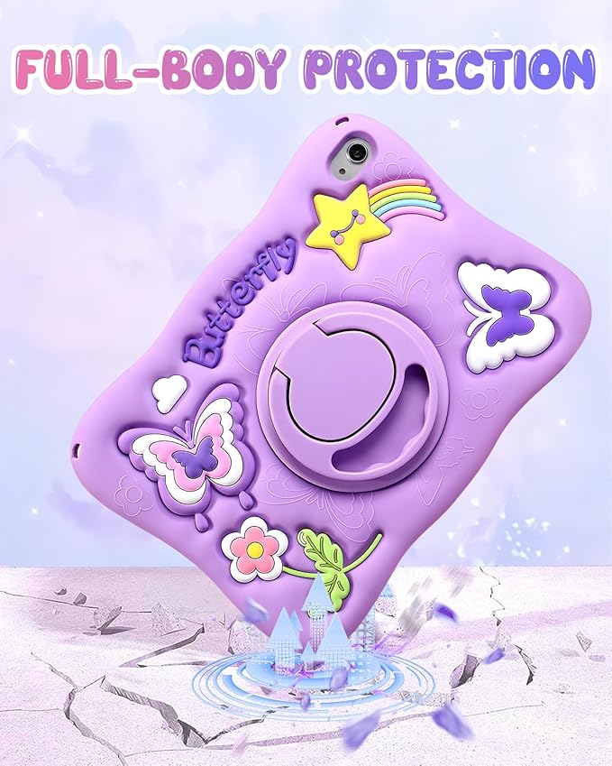 Kidcube for iPad 10th Generation Case 10.9 Inch 2022, for iPad A16 Case 11th Generation 2025 - Girls Cute Kawaii Girly 3D Purple Butterfly Design Cover with Rotating Stand & Strap Unique Silicone