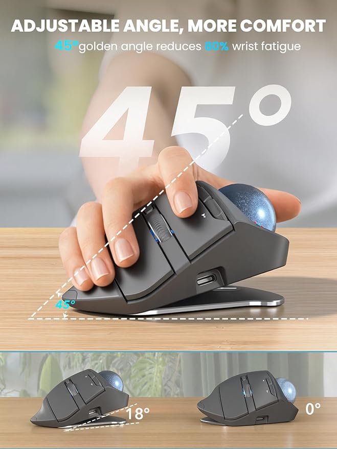 MAM1 Pro Wireless Trackball Mouse, Ergonomic Bluetooth Rechargeable Computer Mouse, Backlit Rollerball Thumb mice with 5 Level DPI, Adjustable Angle, 3 Devices Connection for PC, Windows - Gray Mouse