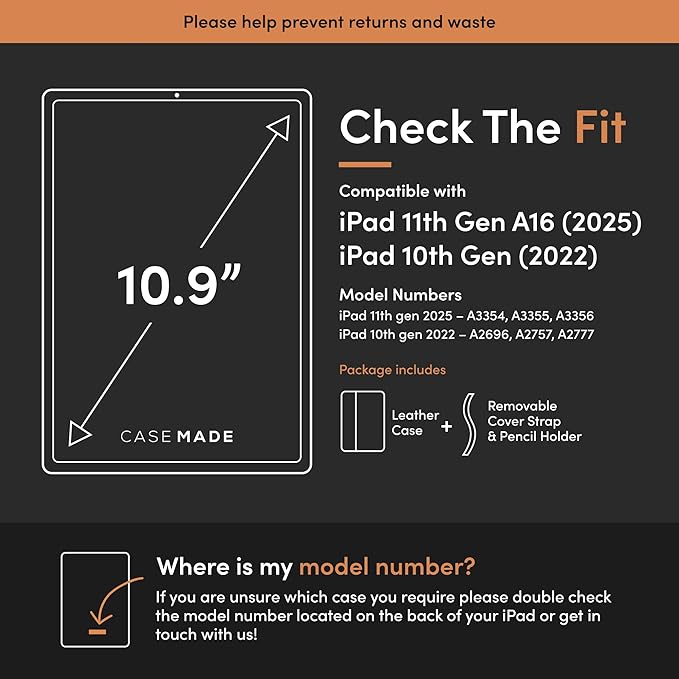 Casemade Real Leather Case Compatible with iPad 11th Gen A16 2025 / 10th Gen (2022) - Full-Grain Leather Cover, Auto Sleep/Wake, Dual Stand Position (Tan)