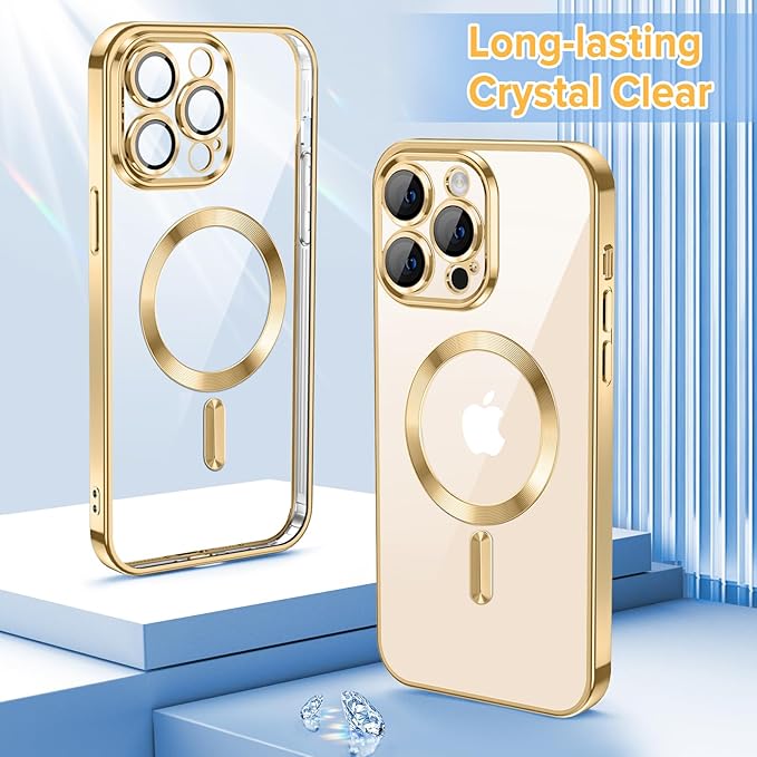 Hython Magnetic Clear for iPhone 14 Pro Max Case with Camera Lens Protector [Compatible with MagSafe] Plating Edge Slim Soft TPU Cover Protective Phone Case for iPhone 14 Pro Max 6.7", Gold