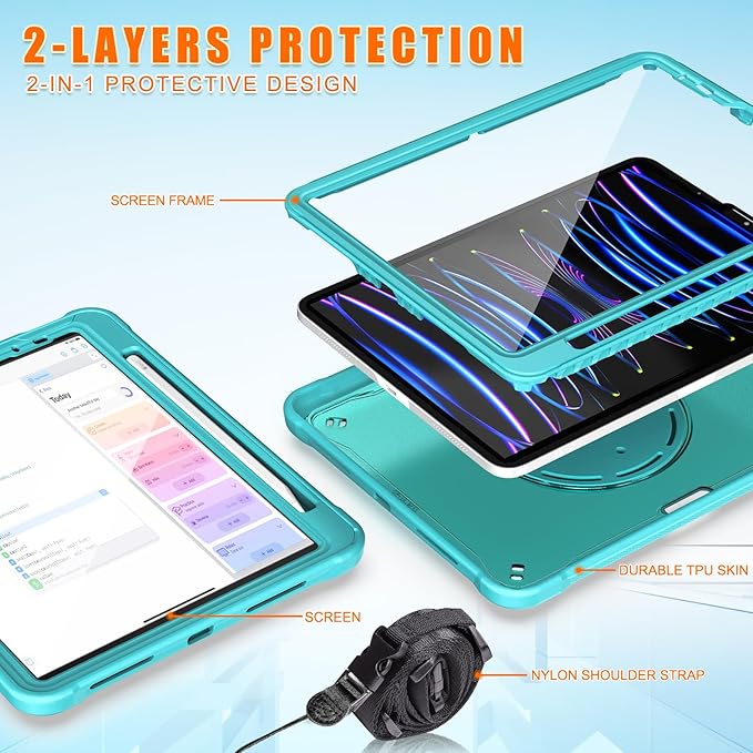 Batianda Ultimate Protective Case for iPad Pro 11-inch 2022 4th M2 Chip /2021 (3rd Generation) Rugged Shockproof Tablet Cover with 360° Rotatable Kickstand & Shoulder Strap & Pencil Holder, Blue