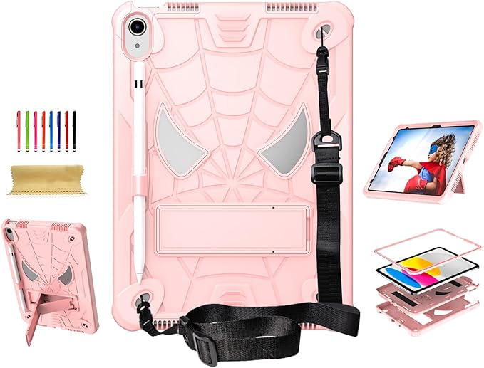 Dteck for iPad Air (3rd Generation) 2019/iPad Pro (2017 Release) Hard Shell Case 10.5" with Kickstand, Shoulder Strap/Screen Protector Film/Stylus Included, Shockproof Cute Spider Kid's Cover, Pink