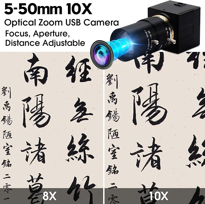 4K USB Camera 5-50mm 10X Optical Zoom Manual Lens 2160P CS-Mount USB Webcam Varifocus Camera Close-up Plug and Play Compatible for Windows Mac OS X Linux