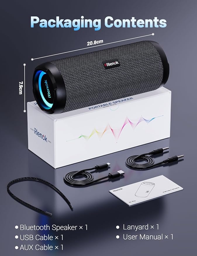 RIENOK Portable Bluetooth Speaker 30W Dual Pairing True Wireless Stereo HD Sound IPX7 Waterproof Outdoor Sport Shower Wireless Speaker Bluetooth 5.3 for Home Party