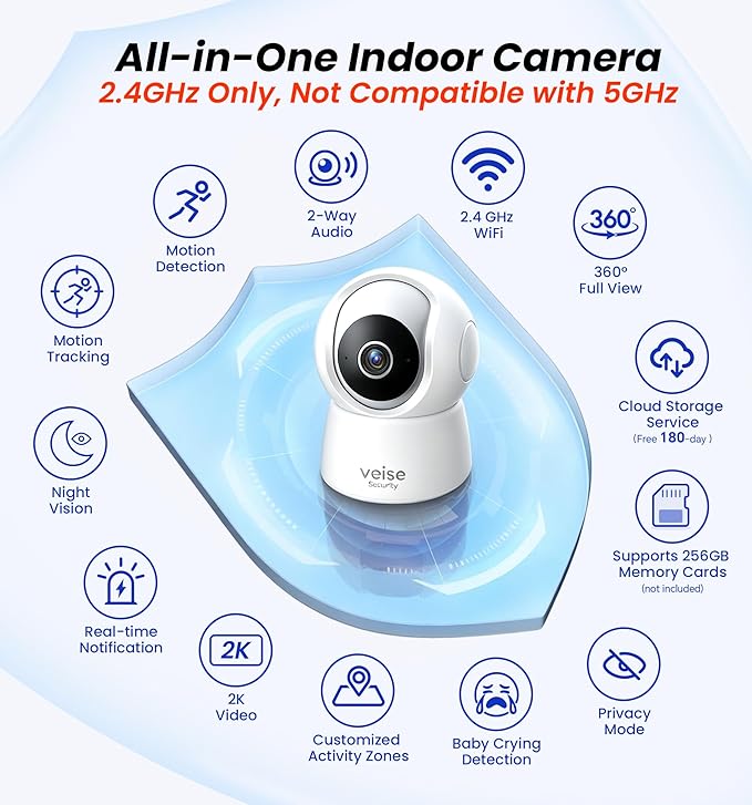 Veise 2K Indoor Camera for Home Security, 360° Wireless WiFi Pet & Baby Monitor with Phone App, AI Motion Detection, 2-Way Audio, Night Vision, SD/Cloud Storage, Works with Alexa & Google Home, 2.4GHz