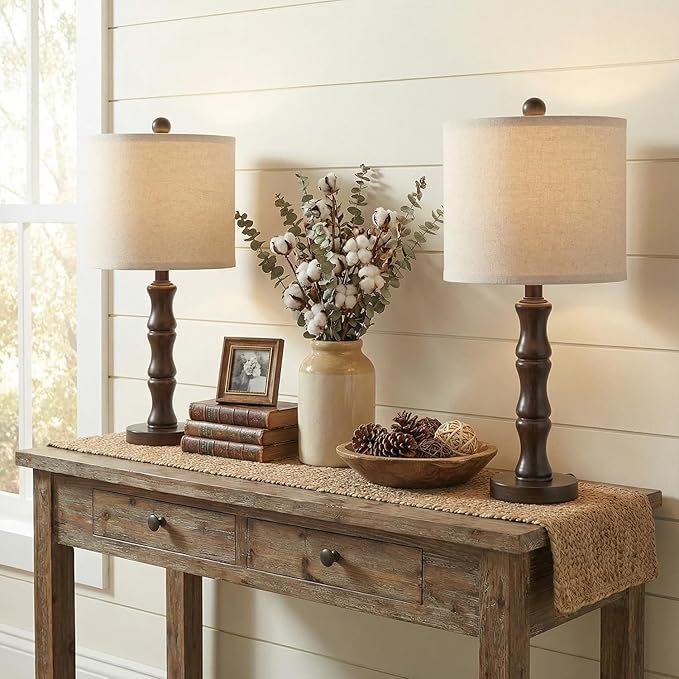 BOBOMOMO 20.5" Classic Table Lamps Set of 2, Farmhouse Nightstand Lamps with Dark Wood Grain Resin Base & Linen Shade, Small Bedside Lamps for Bedroom, Living Room, Home Office & Cozy Apartment Décor