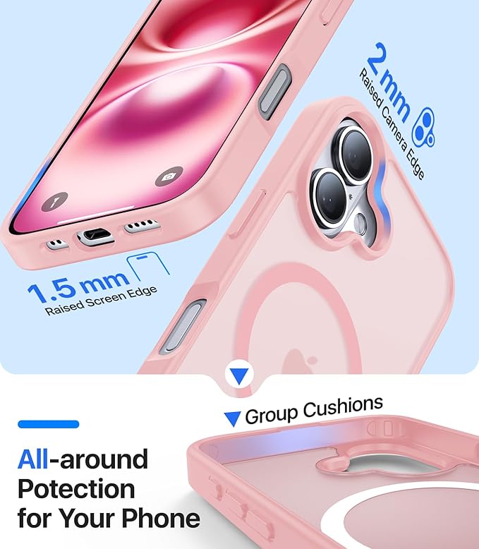 Magnetic for iPhone 16 Case, [Compatible with MagSafe][Military-Grade Drop Protection][Anti-Yellowing] Shockproof Protective Translucent Matte Cover for iPhone 16 Phone Case,Pink