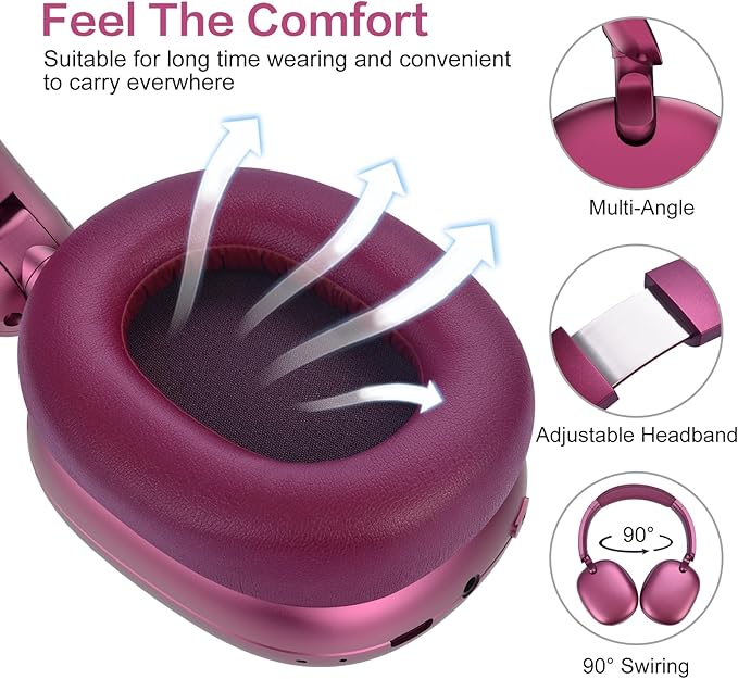 C6 Active Noise Cancelling Headphones, Wireless Over Ear Bluetooth Headphones, 60H Playtime, Lightweight Folding Deep Bass Comfort Fit Ear Cups Headset with Mic for iPad/Travel/PC/Home Red