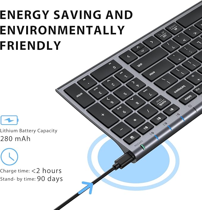 iClever BK10 Bluetooth Keyboard, Wireless Rechargeable Ultra-Slim Keyboard with Long Battery Life, Compatible with iOS, Android, Windows, Mac for iPad, Tablet, Laptop, PC, Phone (Gray Black)