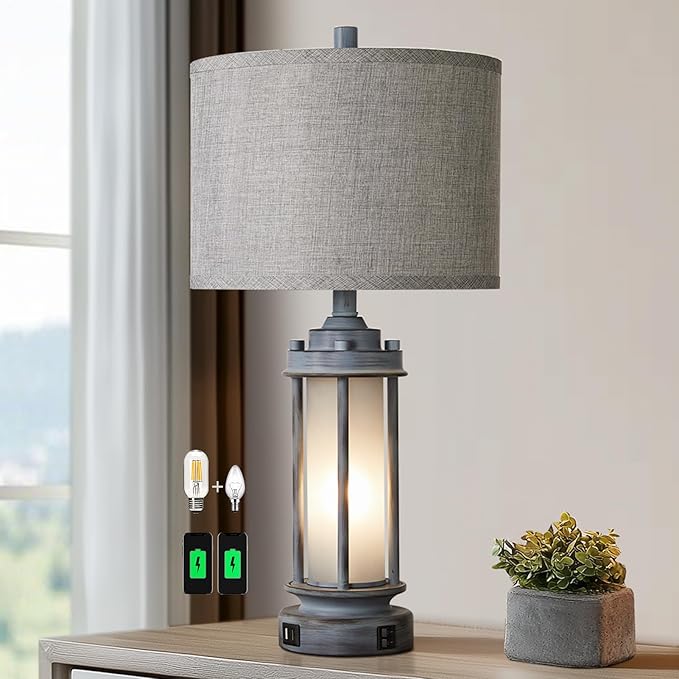 AIEAMPDO Rustic Table Lamp for Bedroom Living Room with 2 USB Ports, Farmhouse Vintage Nightstand Lamp 25'' with Light Green Glass Nightlight, Antique Retro Desk Lamp for Entryway, 2 Bulbs Included